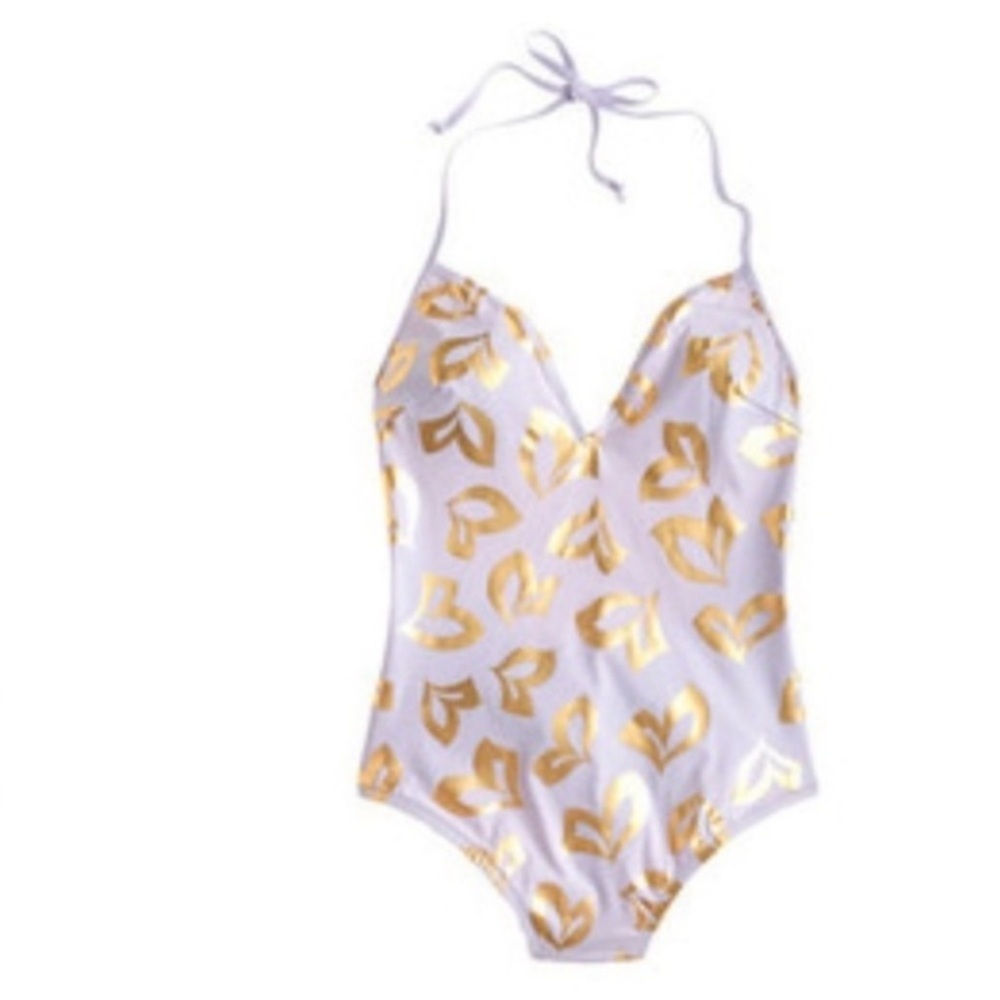 J Crew gold foil and white one-piece swimsuit.
